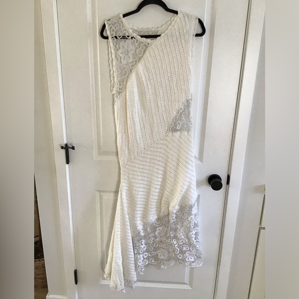 By Anthropologie Asymmetrical Dress Cream Crochet Lace Boho Beach Size XL